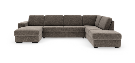 Brungrå U-sofa i stof med chaiselong til venstre og åbent afslut til højre, fritstående mod hvid baggrund.
