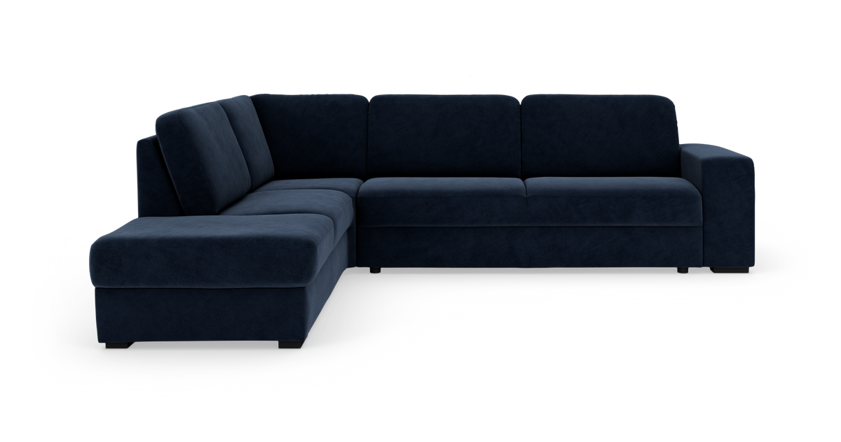 Mørkeblå L-formet hjørnesofa på hvid studiobaggrund.