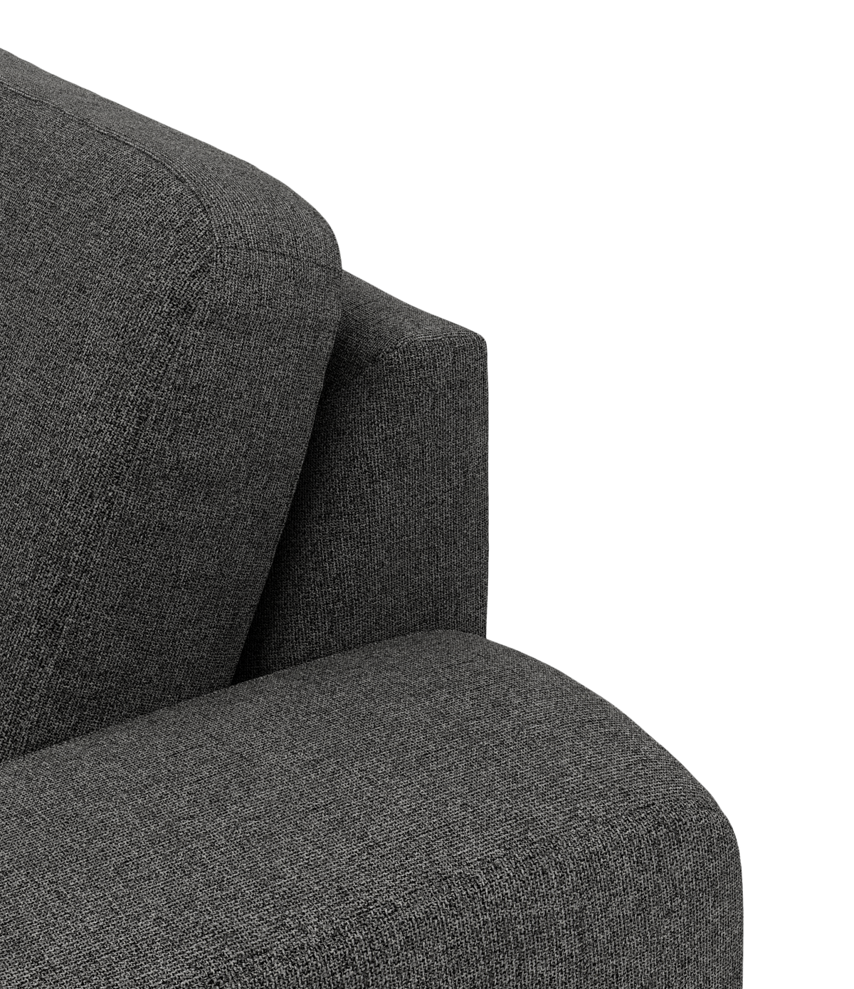 Nærbillede af hjørne på mørkegrå stofsofa med sæde og ryghynde i fokus.