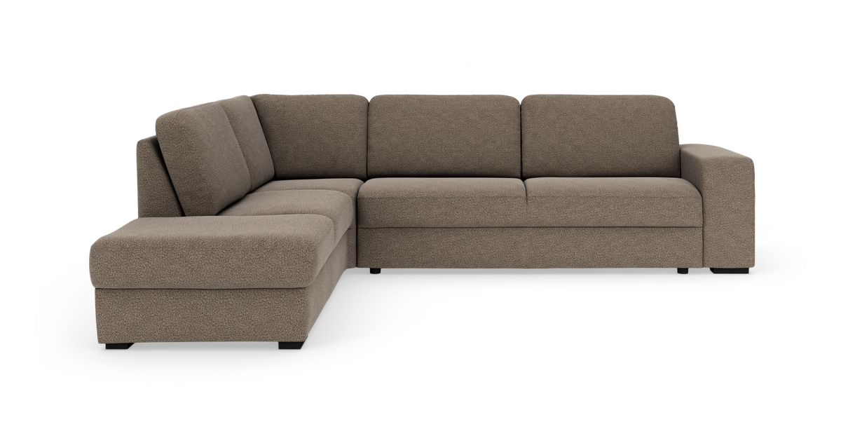 Brun L-formet modulsofa i stof på hvid baggrund.