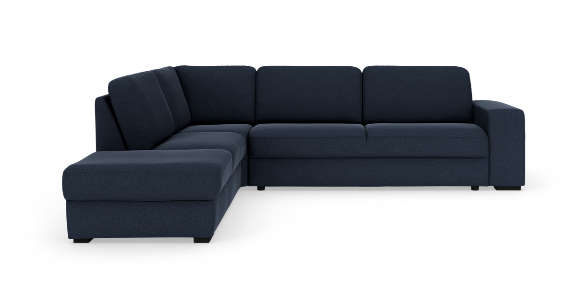Mørkeblå L-formet modulsofa i stof, studiorendering på hvid baggrund.