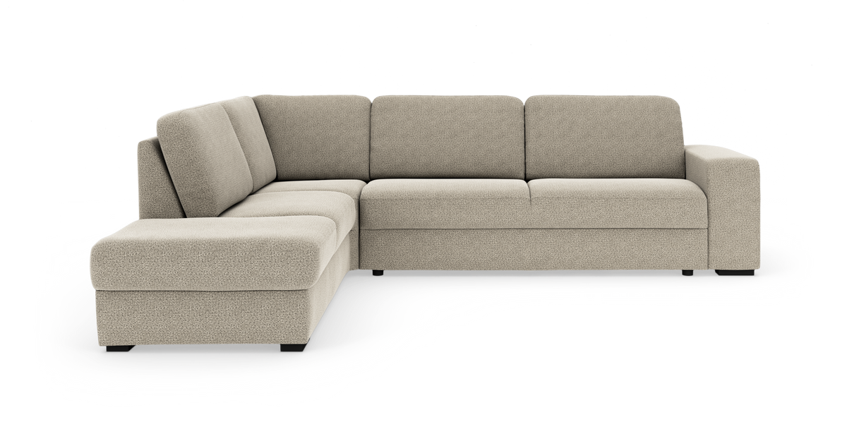 L-formet beige modulsofa med chaiselong til venstre i moderne stil på hvid baggrund.