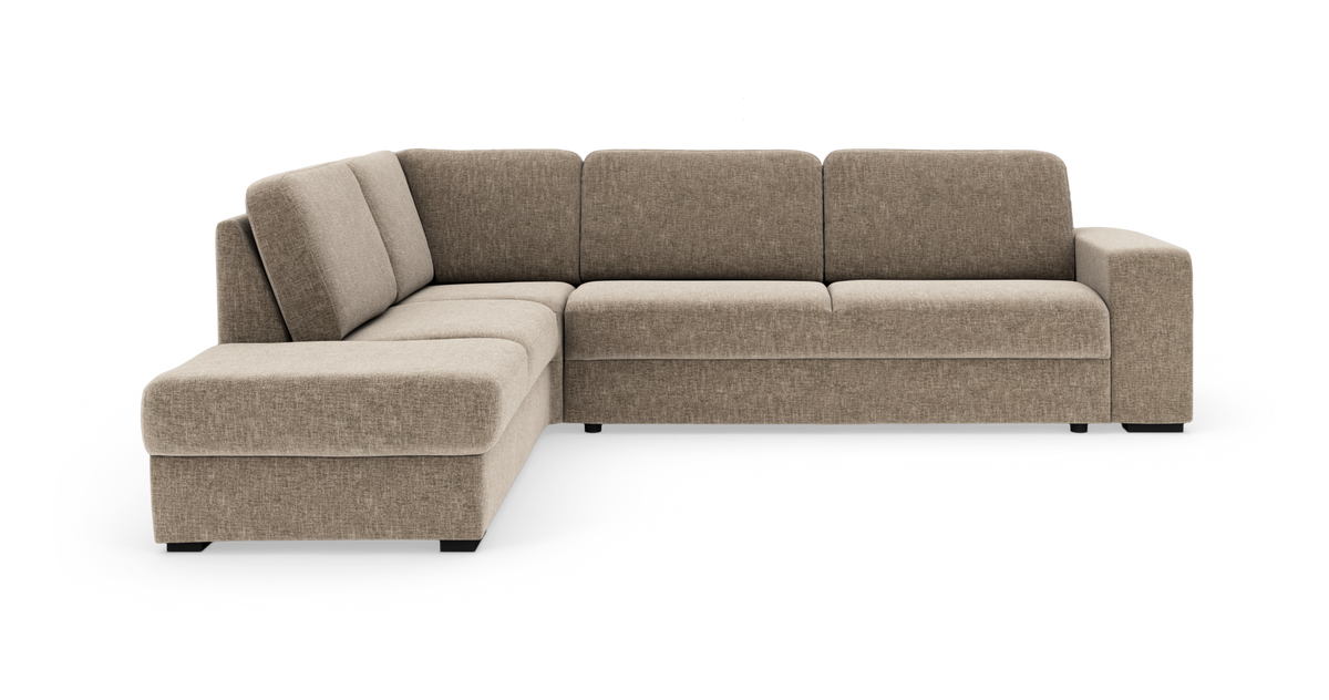 Beige L-formet modulsofa med chaiselong, fritlagt på hvid baggrund.