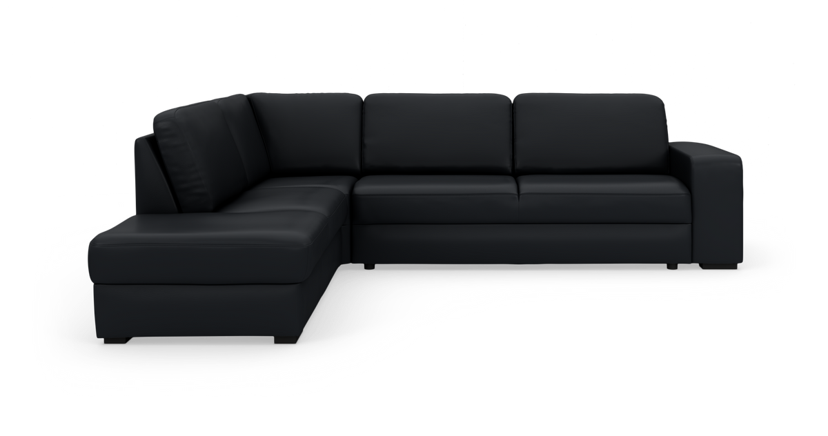 Sort L-formet hjørnesofa med venstrevendt chaiselong.