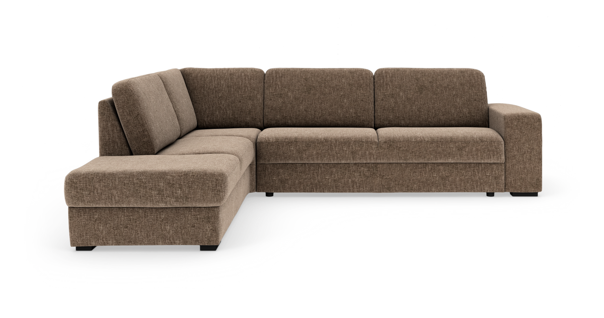 Brun L‑formet hjørnesofa i stof, modulær sectional, set skråt forfra.