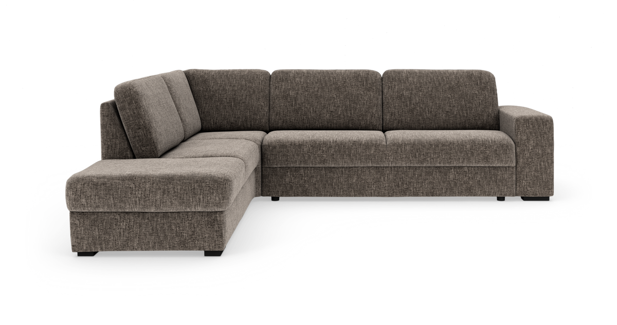 L-formet modulsofa med venstrevendt chaiselong i gråmeleret stof; moderne og rummelig.
