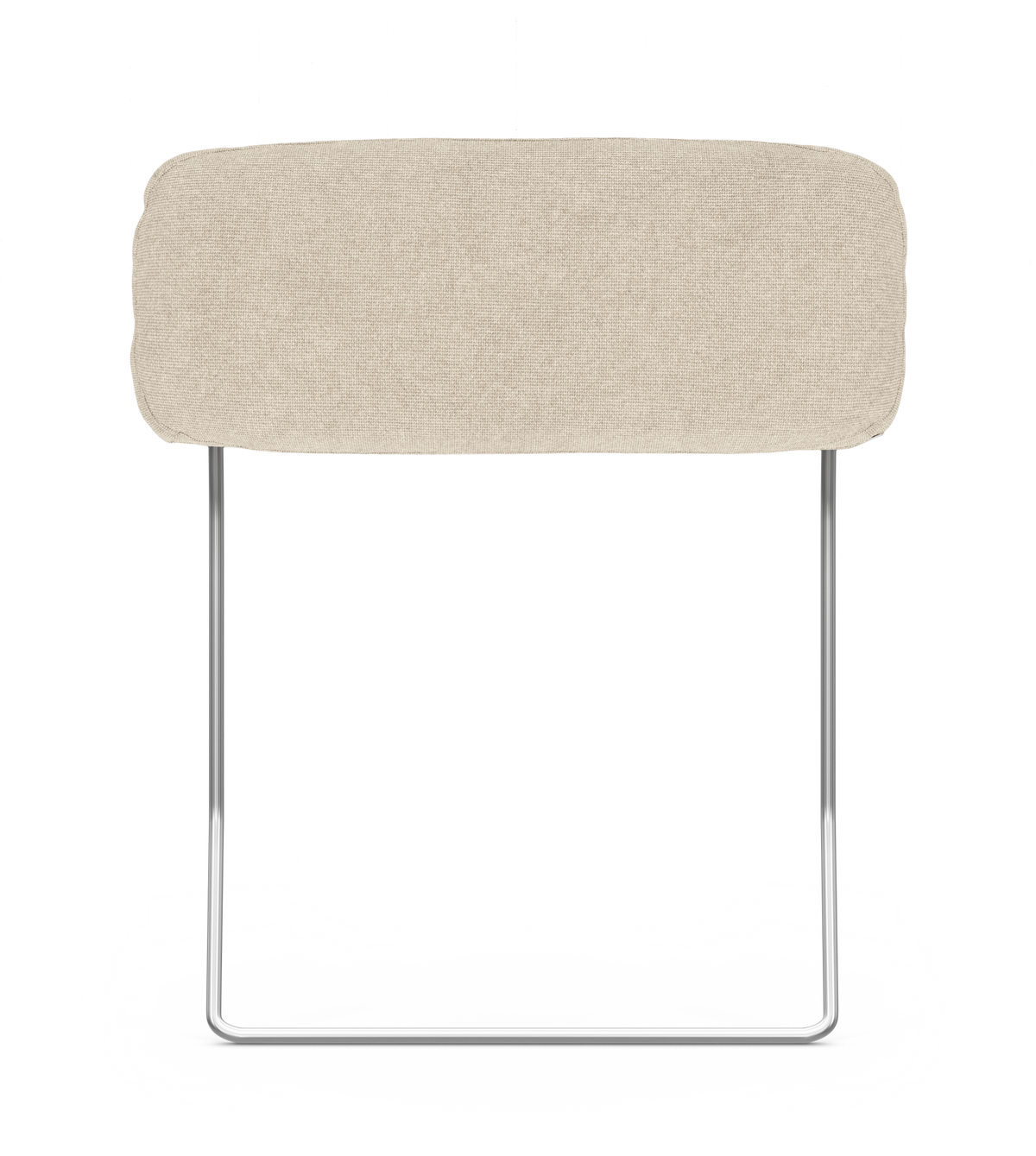 Beige polstret nakkestøtte med forkromede metalben, fotograferet forfra på hvid baggrund.