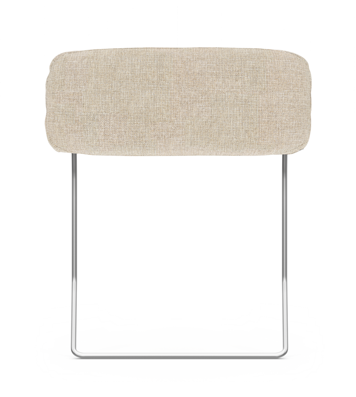 Beige polstret skammel/ottoman med krom slædeben, frilagt på hvid baggrund i frontvisning.