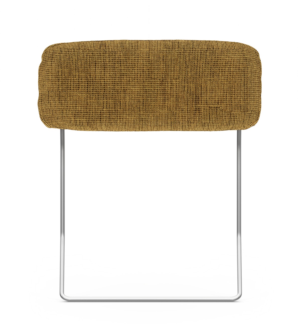 Moderne skammel med sennepsgul polstring og krom slædeben, frontview på hvid baggrund.