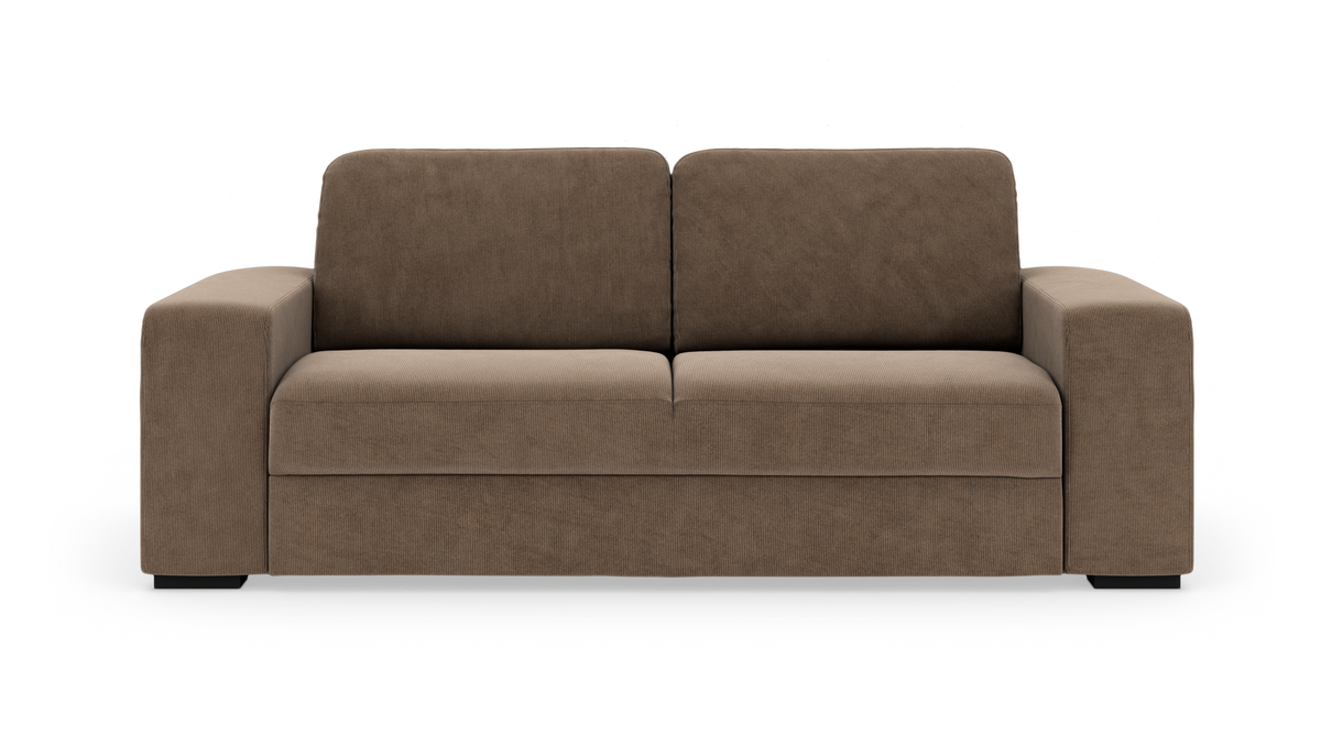 Brun 2-personers sofa med brede armlæn, to sæde- og ryghynder, frilagt på hvid baggrund set forfra.