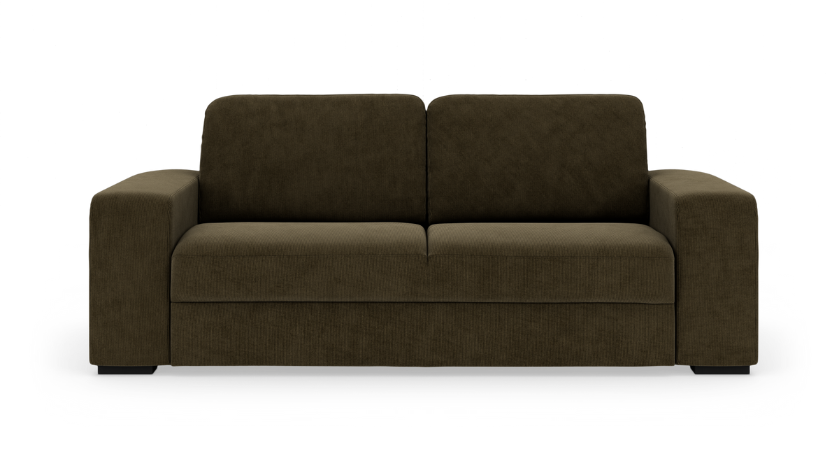 Sofa i olivgrøn bredriflet fløjl, moderne og enkel, frontvisning på hvid baggrund.