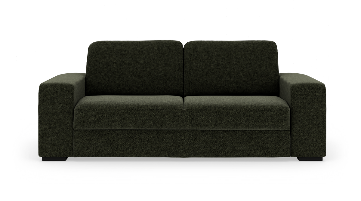 Mørkegrøn moderne 3-personers sofa set forfra, fritlagt på hvid baggrund.