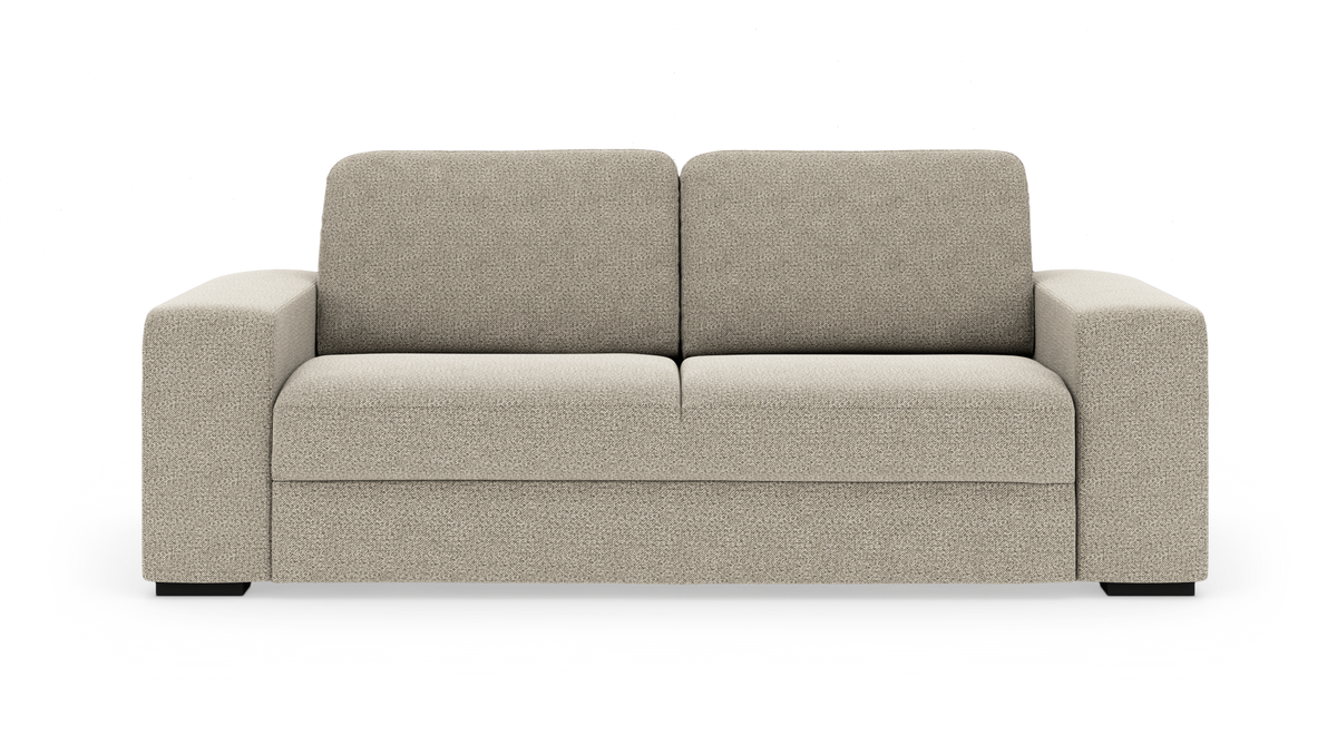 Beige tosæders sofa set forfra på hvid studiobaggrund.