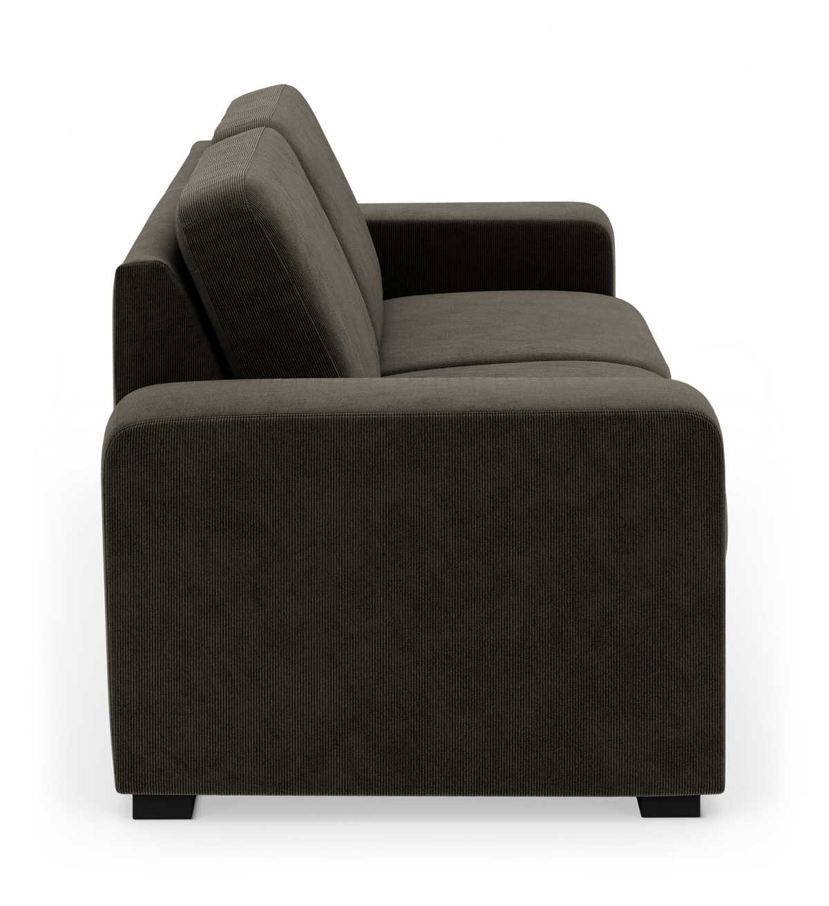 Mørkegrå sofa set fra siden på hvid baggrund.