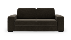 Mørkebrun 3-personers sofa i cordfløjl med brede armlæn, frilagt på hvid baggrund.