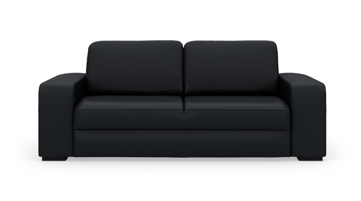 Sort moderne sofa med brede armlæn og to ryghynder, frilagt på hvid baggrund.