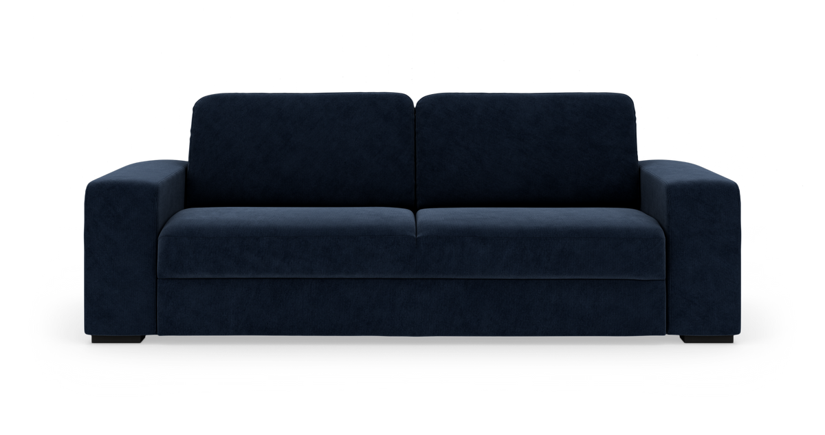 Mørkeblå, moderne 3‑personers sofa set forfra på hvid baggrund.