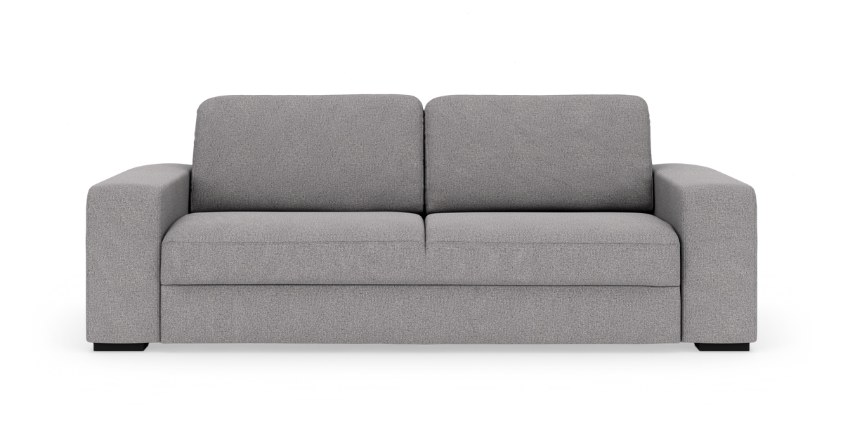 Grå 3-personers stofsofa set forfra på hvid baggrund.