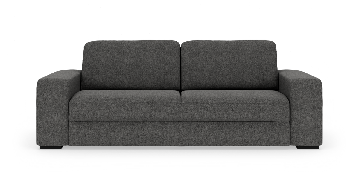 Mørkegrå 3-personers sofa med brede armlæn, frilagt på hvid baggrund.