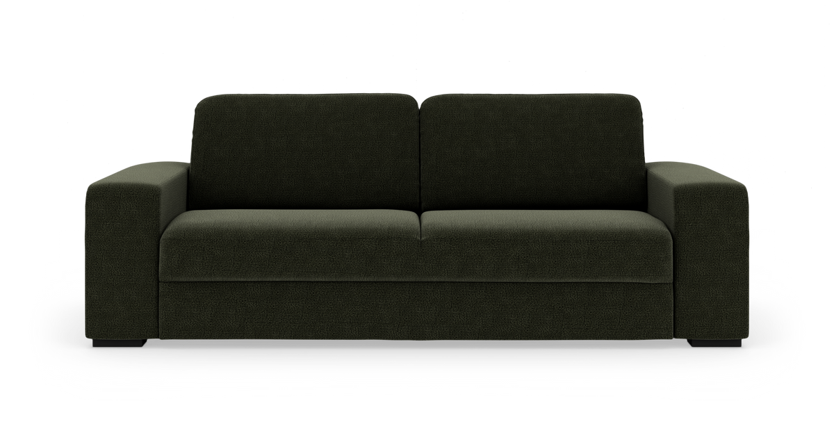 Mørkegrøn 3-personers sofa med lige armlæn, frilagt på hvid baggrund.