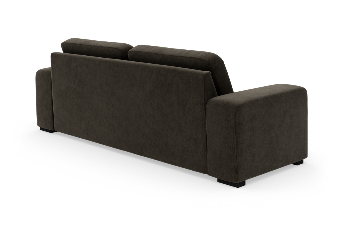 Mørkebrun sofa set skråt bagfra, isoleret på hvid baggrund.