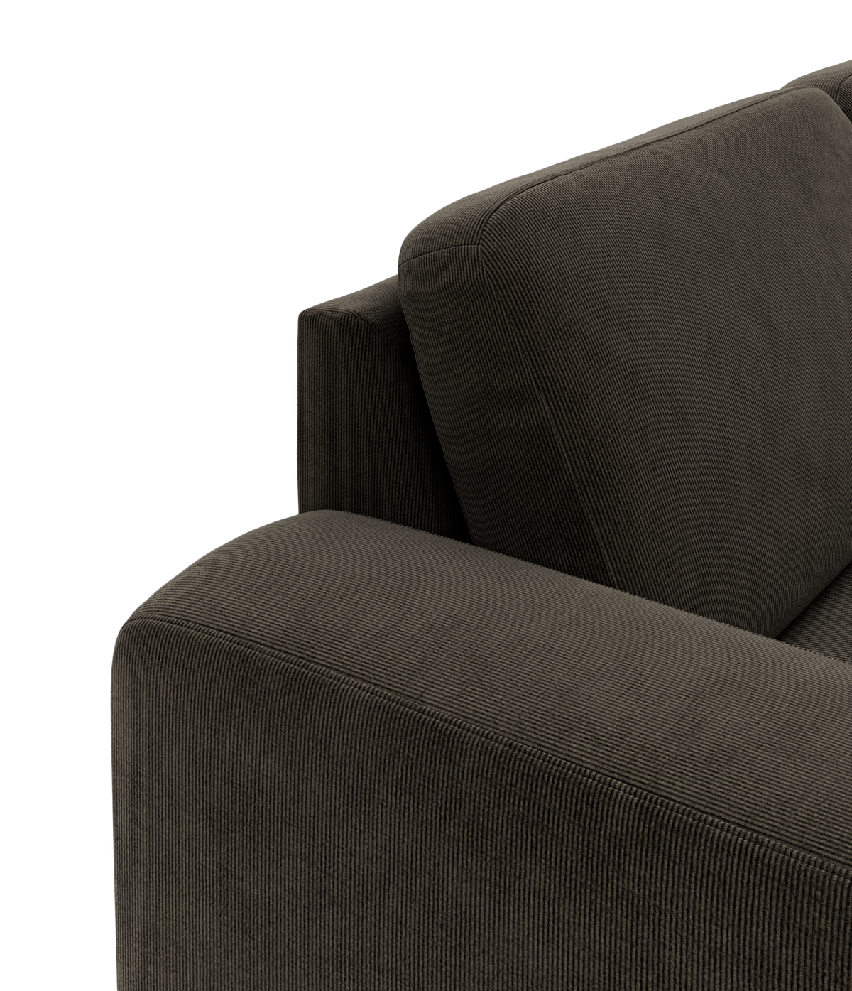 Nærbillede af mørkebrun manchester/velour sofa med armlæn og ryghynde.