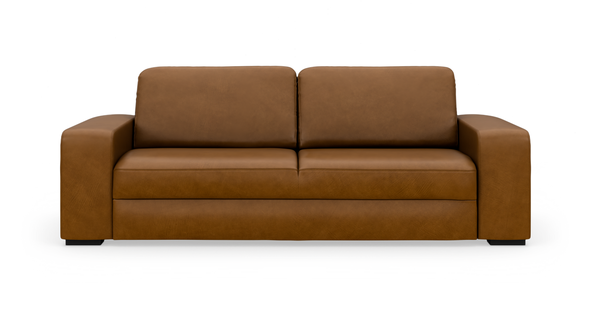 Brun lædersofa med to ryghynder og brede armlæn, fritlagt på hvid baggrund.