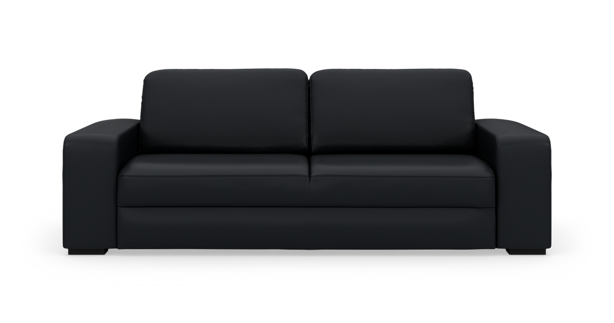 Sort sofa med brede armlæn set forfra.