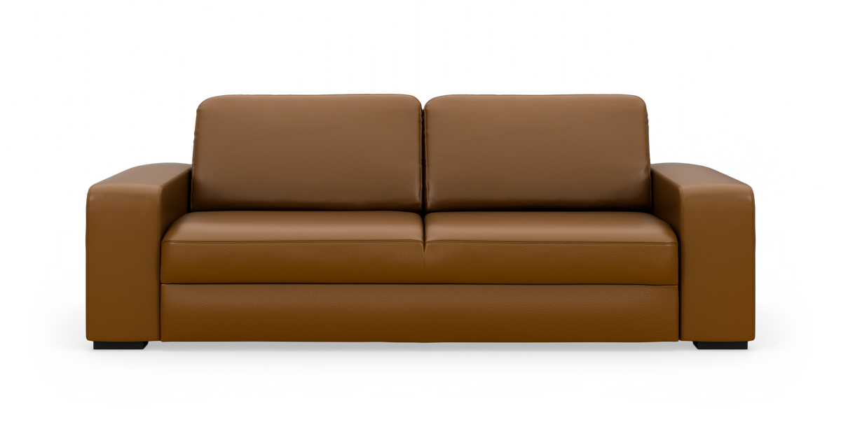 Brun lædersofa med to sædehynder og lige armlæn, frilagt på hvid baggrund.