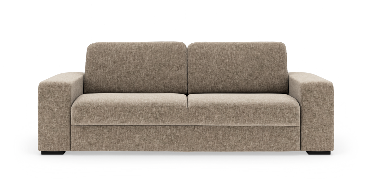 Beige stofsofa set forfra på hvid baggrund.