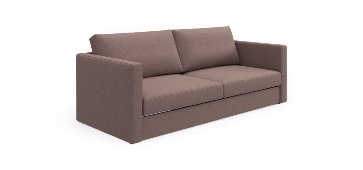 Tredesofa i taupe/brun tekstil med lige armlæn og to ryghynder, frilagt på hvid baggrund.