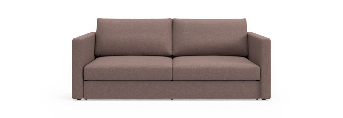 Brun 2-personers stofsofa med lige armlæn, frontvisning.