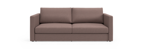 Brun 2-personers stofsofa med lige armlæn, frontvisning.