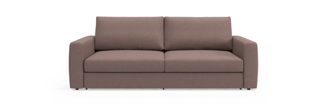 Taupe/brun 2-personers sofa med lige armlæn og to ryghynder, set forfra mod neutral baggrund.