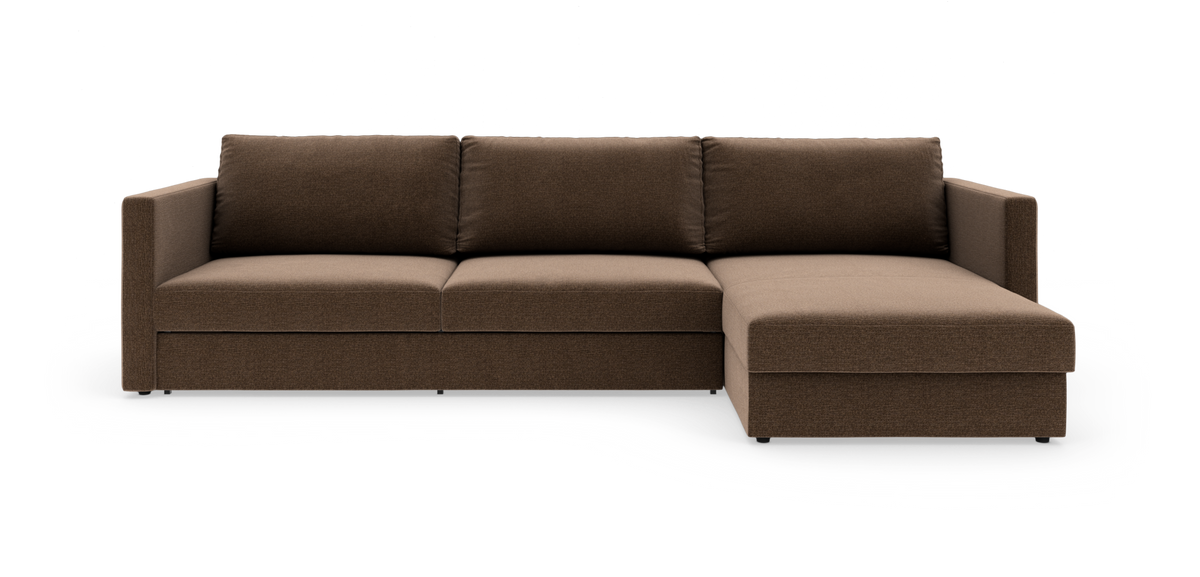 Brun hjørnesofa med chaiselong til højre, fritlagt på hvid baggrund.
