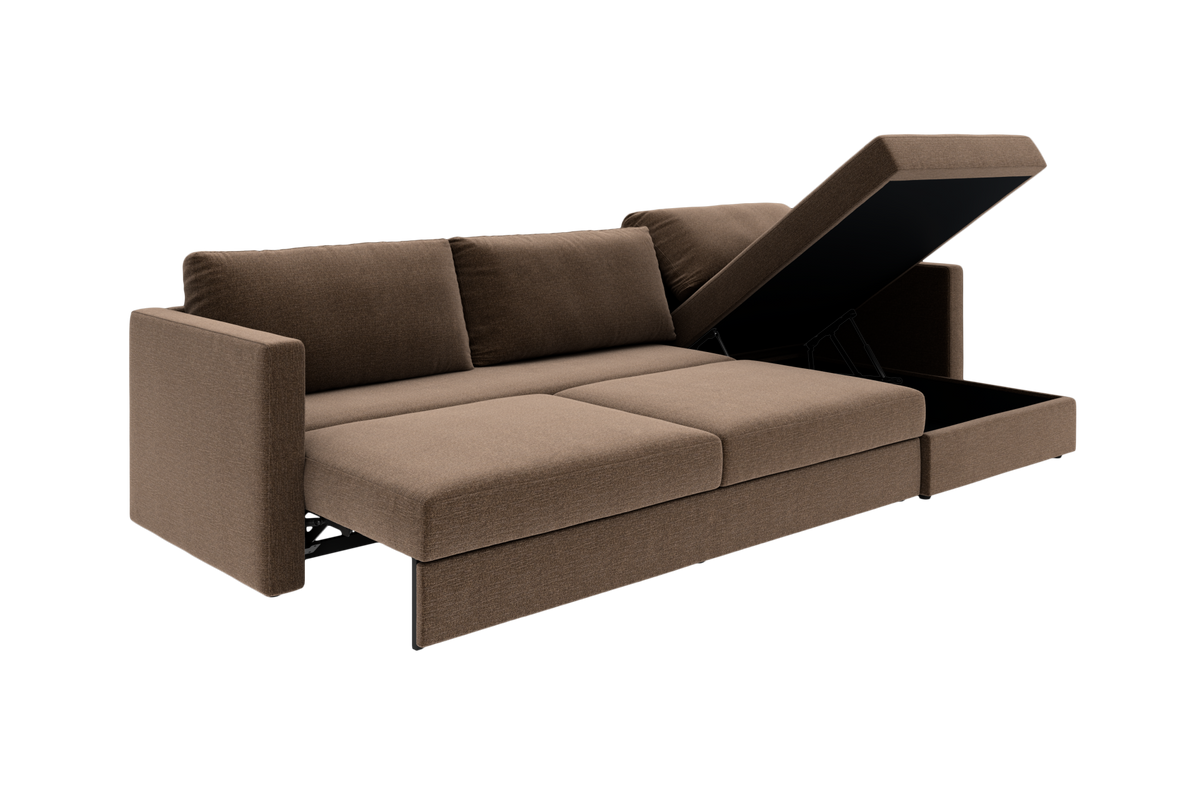 Brun sovesofa med åbningsbar chaiselong og opbevaring, frilagt produktbillede.