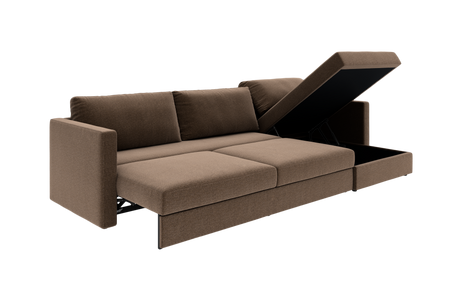 Brun sovesofa med åbningsbar chaiselong og opbevaring, frilagt produktbillede.