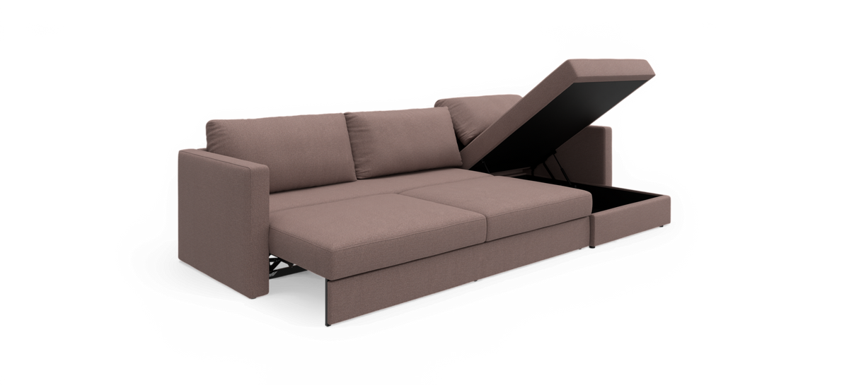 Brunrosa sovesofa med chaiselong og åbent opbevaringsrum i chaiselongen.