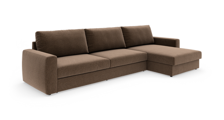Brun hjørnesofa med chaiselong til højre på hvid baggrund.