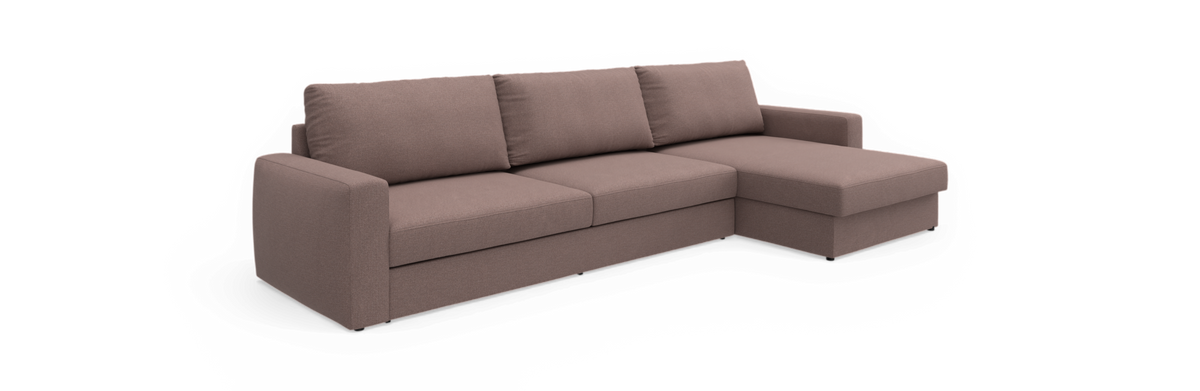Hjørnesofa med højre chaiselong i taupe stof, tre sæder.