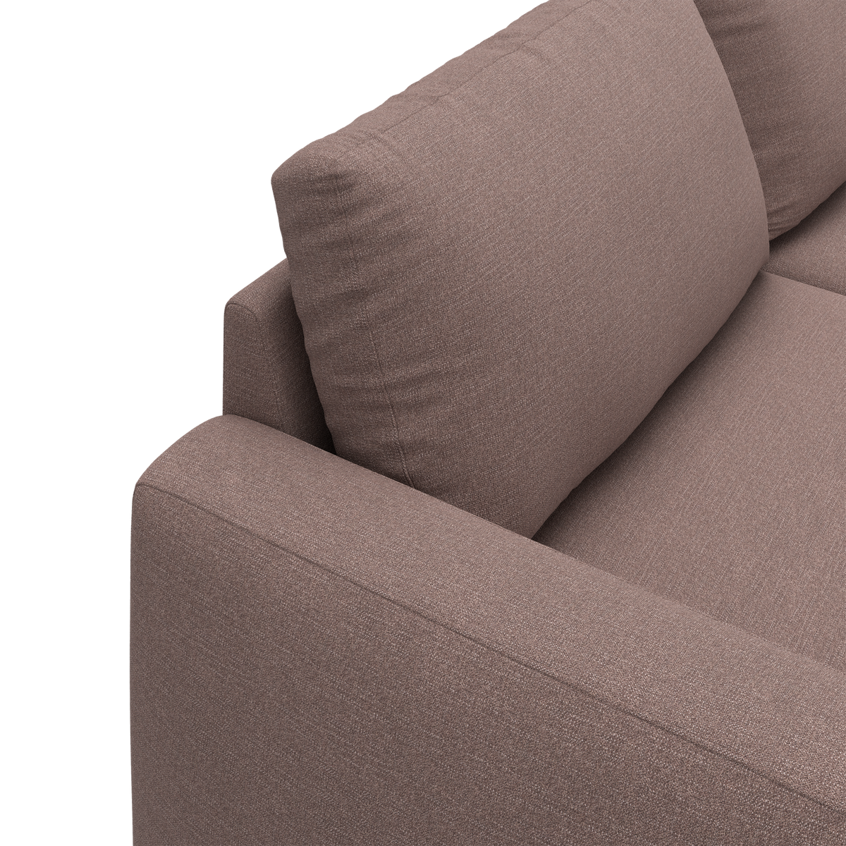 Nærbillede af en sofa i rosébrun tekstil med armlæn og ryghynde på hvid baggrund.