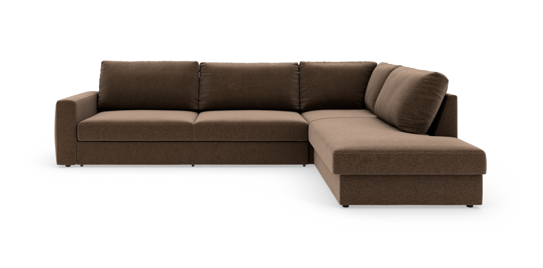 Brun L-formet modulsofa i stof på hvid baggrund.