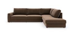 Brun L-formet modulsofa i stof på hvid baggrund.