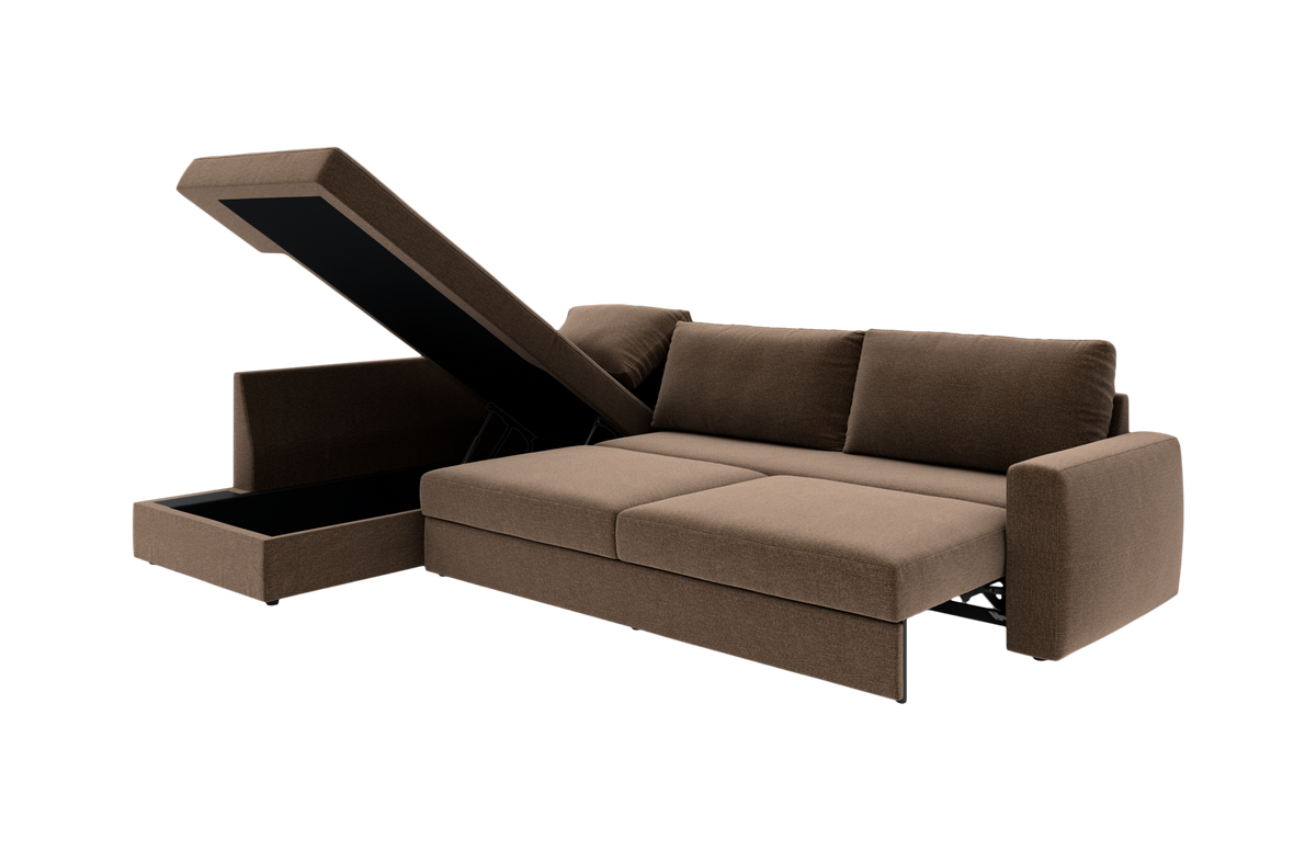 Brun hjørnesofa med sovefunktion og åbent opbevaringsrum i chaiselongen, fotograferet på hvid studiebaggrund.