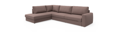 L‑formet hjørnesofa i beige stof med venstrevendt chaiselong, rette armlæn og løse ryghynder på hvid baggrund.