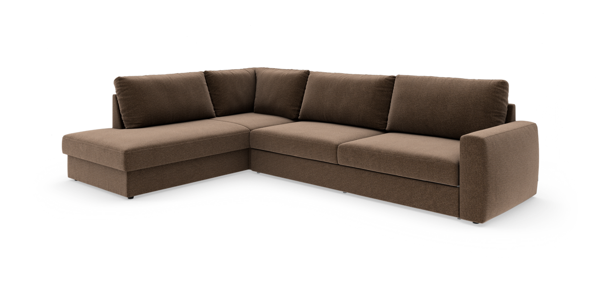 Brun L‑formet modulsofa med bred arm og bløde ryghynder, fritlagt på hvid baggrund.