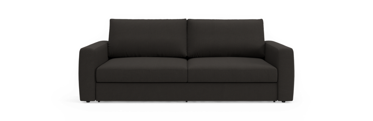 Mørkegrå 2-personers sofa med lige armlæn, fritlagt på sort baggrund.