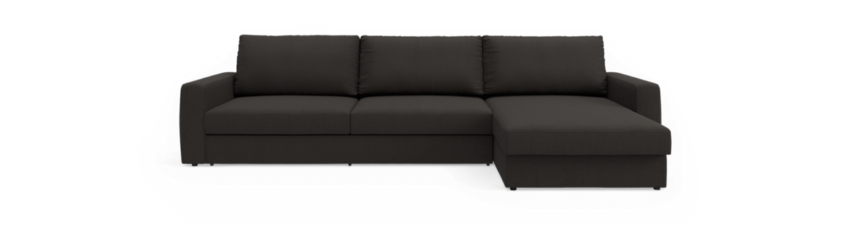 Mørkegrå hjørnesofa med chaiselong til højre, tre ryghynder og lige armlæn.