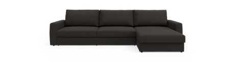 Mørkegrå hjørnesofa med chaiselong til højre, tre ryghynder og lige armlæn.