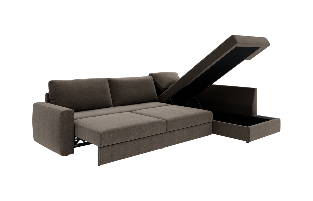 Brun modulsofa med sovesofa-funktion og åbnebar chaiselong med opbevaring, frilagt på hvid baggrund.